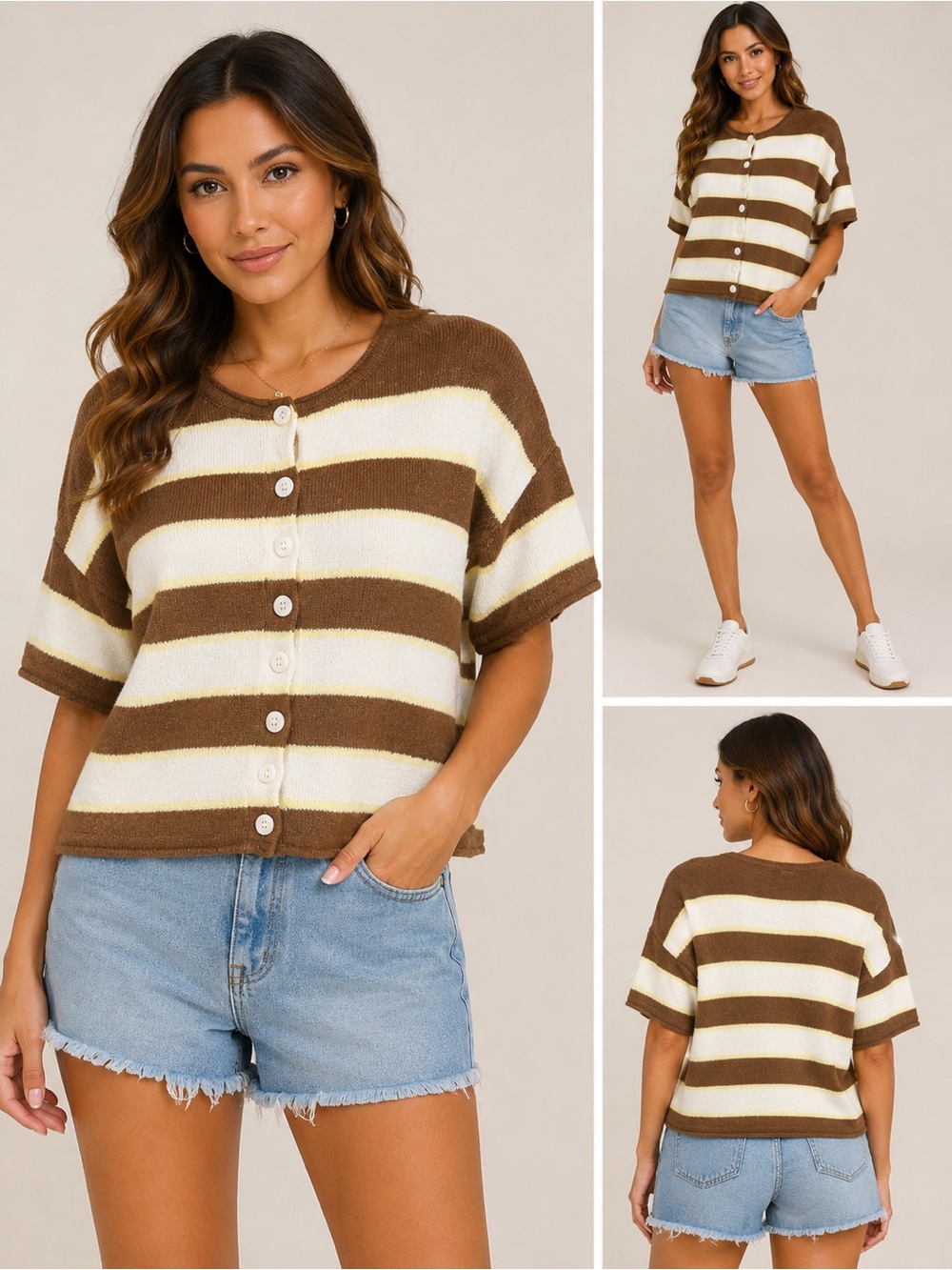 Threaded Leaf Brown Cream Striped Button Front Soft Knit Top NWT Size S